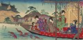 Eine Szene von Frauen, die eine Bootsfahrt vor dem Kameido Tenjin Schrein Toyohara Chikanobu genießen